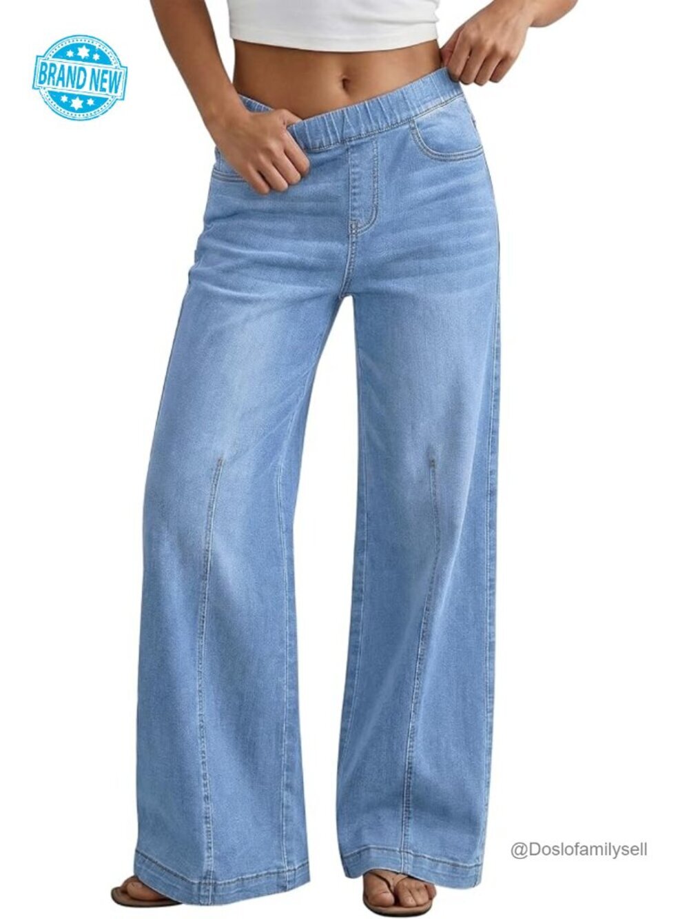 Pull On Stretchy High Waisted Baggy Wide Leg Denim Trouser Pants Front Seam 90s